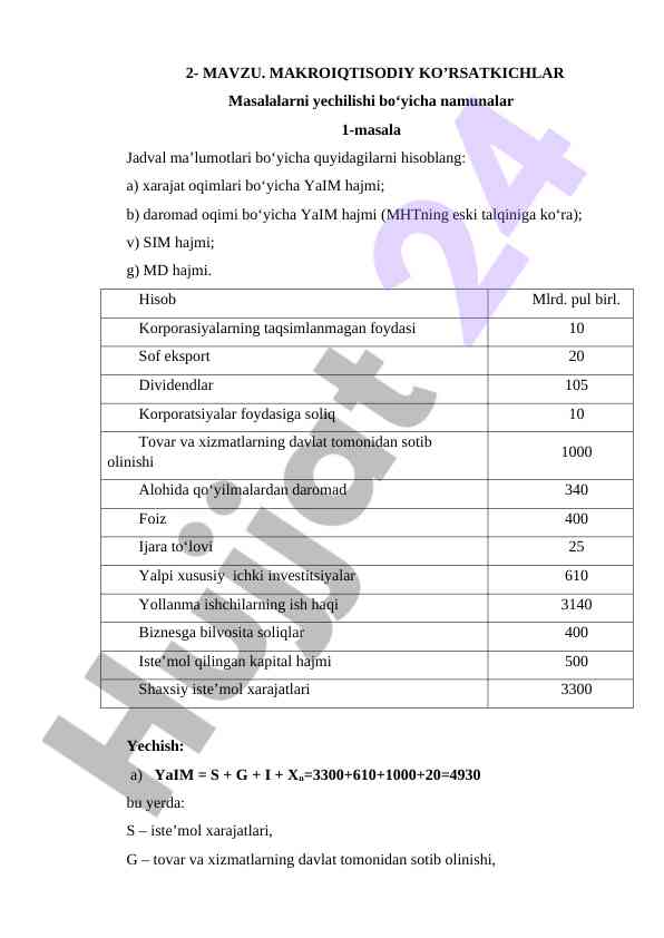 Makroiqtisodiy ko'rsatkichlar hisoblash bo'yicha masalalar