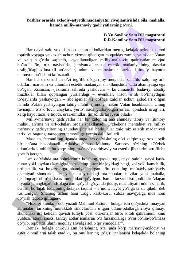 Axloqiy-estyetik madaniyatni rivojlantirish oila va mahalla