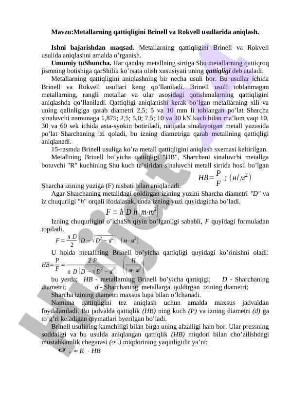 Metallarning qattiqligini brinell va rokvell usulida aniqlash