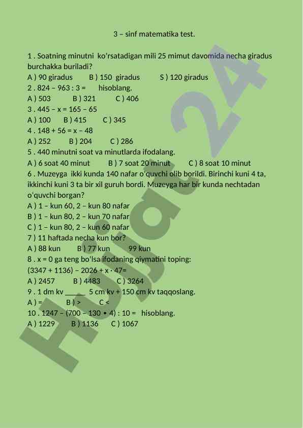 3-sinf matematika test savollari va javoblari