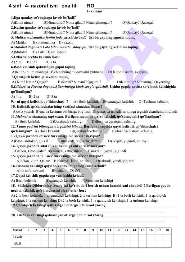 Ona tili nazorat ishining savollari 4 sinf