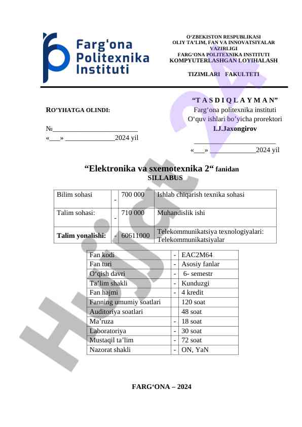 Elektronika va sxemotexnika 2 fanidan sillabus 2024