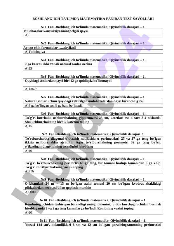 BOSHLANG'ICH TA'LIMDA MATEMATIKA TEST SAVOLLARI №1