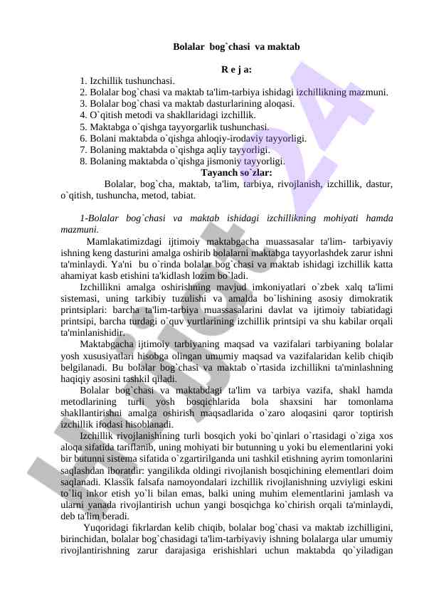 Bolalar bog`chasi va maktab ta'limida izchillik