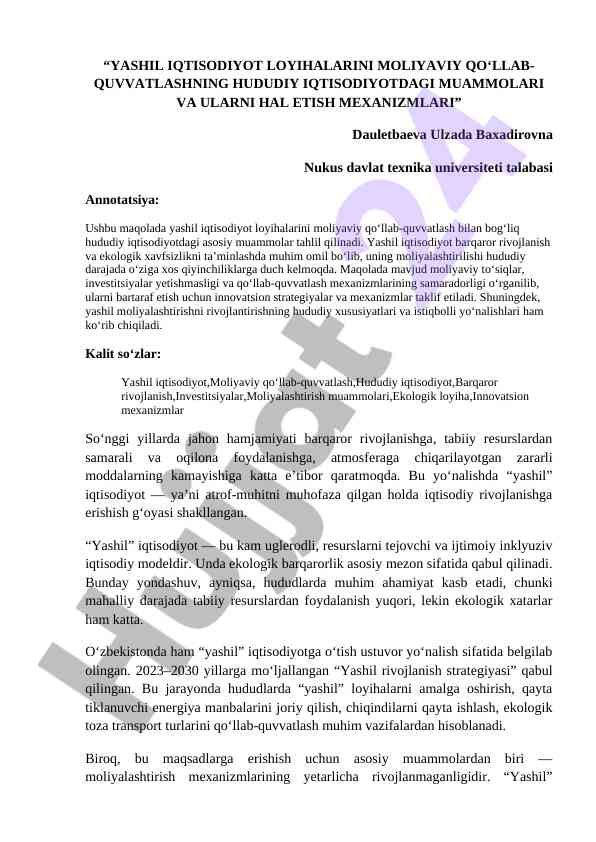 Yashil iqtisodiyot loyihalarini moliya qo‘llab-quvvatlash