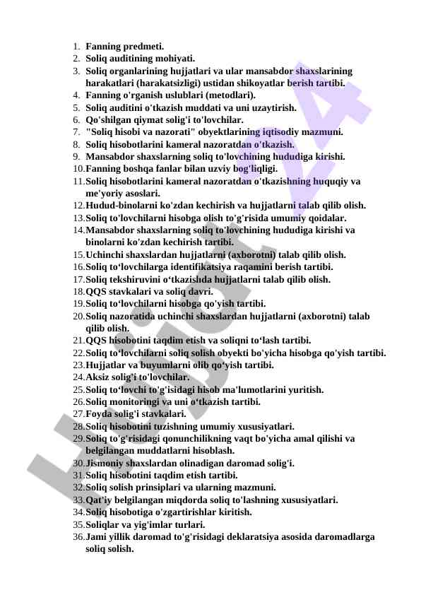Soliq auditining asosiy tamoyillari va tartiblari