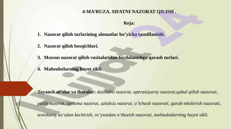 Sifatni nazorat qilish turlari va bosqichlari