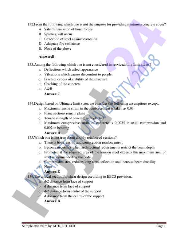 Minimum concrete cover exam questions and answers