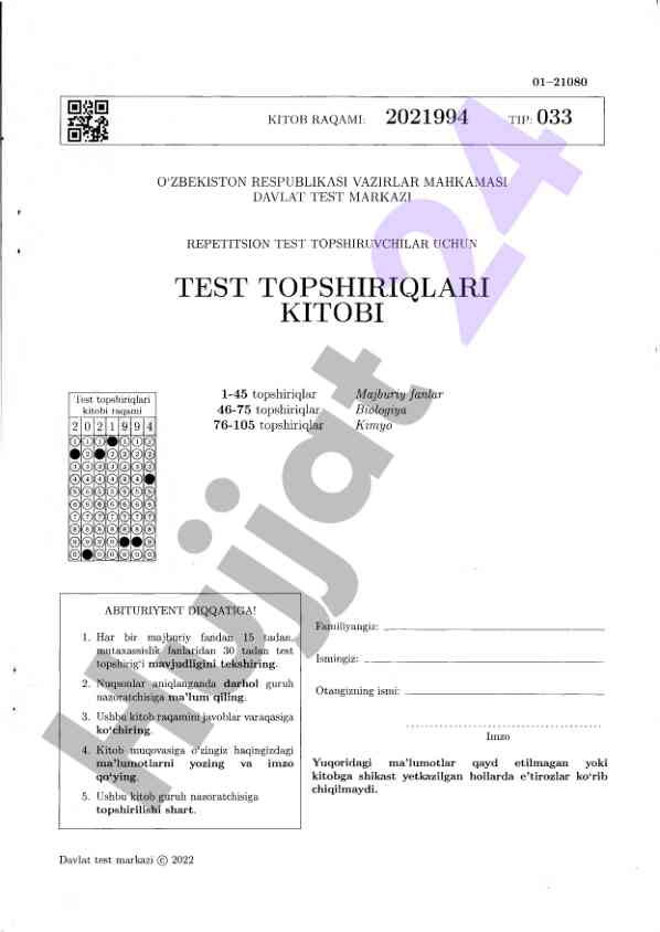 Test topshiriqlari kitobi 2021 yil uchun