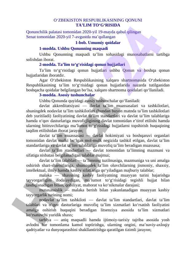 O‘zbekiston respublikasi ta’lim to‘g‘risidagi qonun