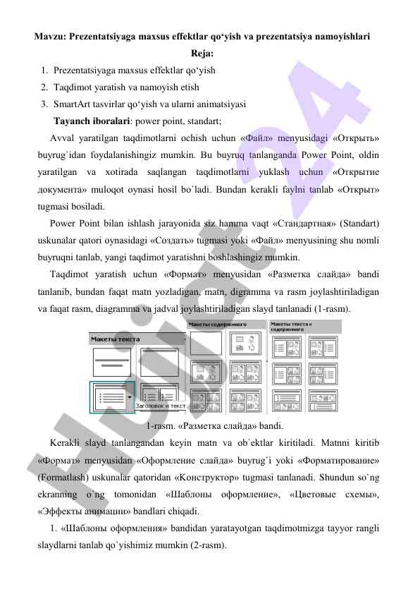 Prezentatsiyaga maxsus effektlar qo‘yish vaqtida