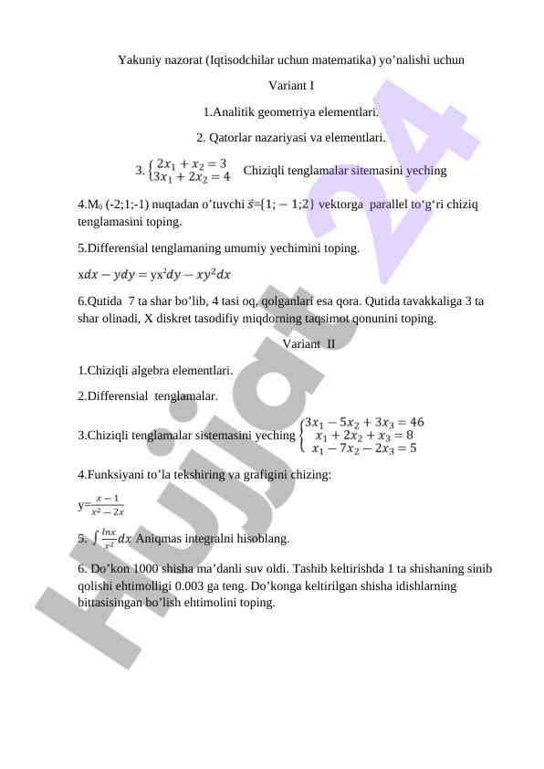 Matematika nazorati iqtisodchilar uchun