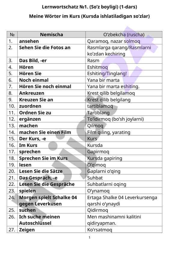 Kursda ishlatiladigan so’zlar va gaplar