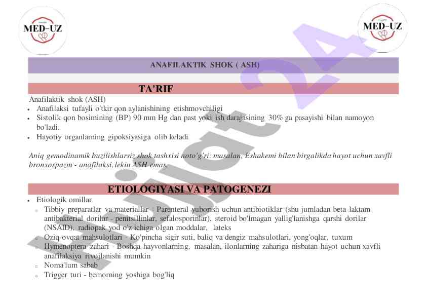 Anafilaktik shok tushunchasi va etiologiyasi