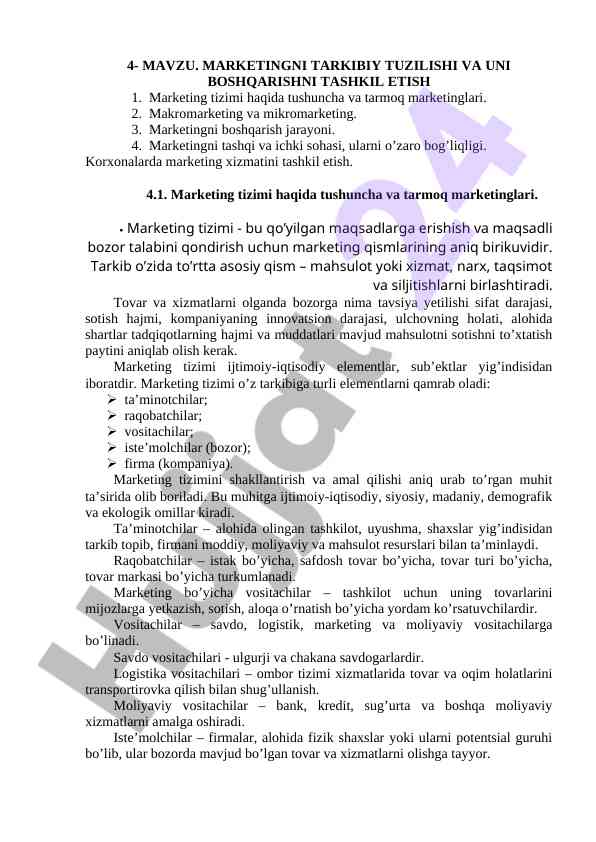 Marketing tizimi va tashkiliy tuzilishi