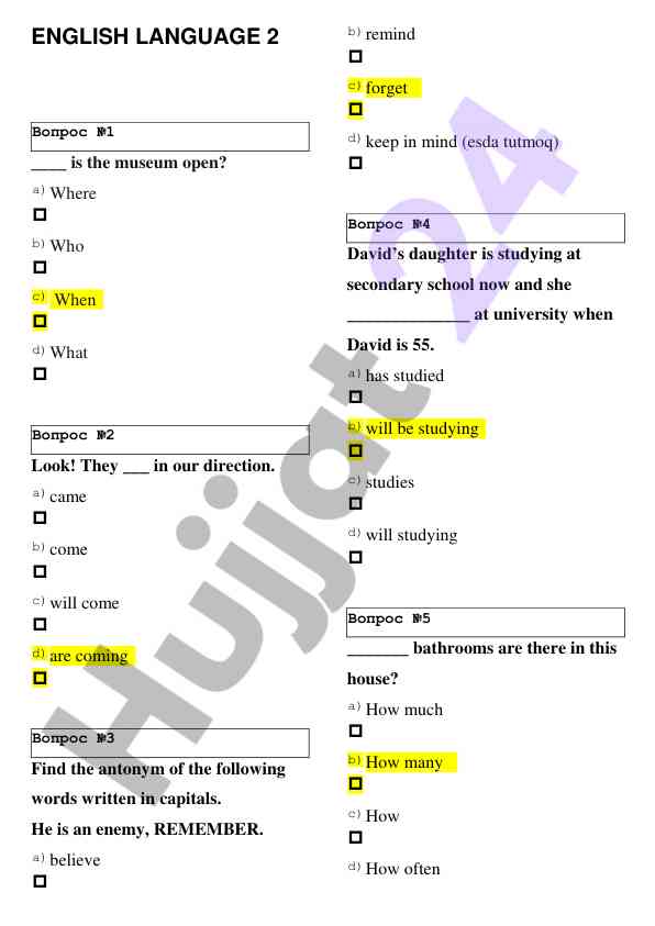 English language test questions and answers