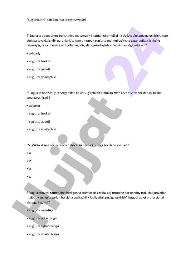Sug‘urta ishi fanidan test savollari