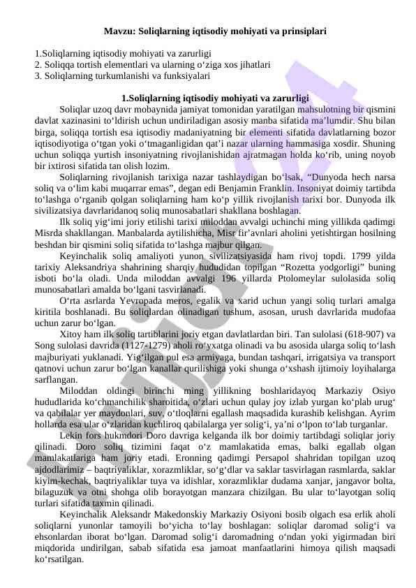 Soliqlarning iqtisodiy mohiyati va prinsiplari