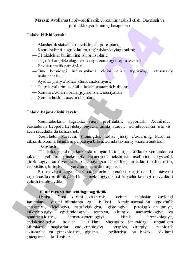 Ayollarga tibbiy-profilaktik yordamini tashkil etish