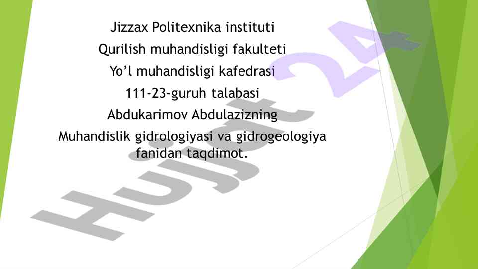 Yer yuzi suvlari taqdimoti va muhandislik gidrologiyasi