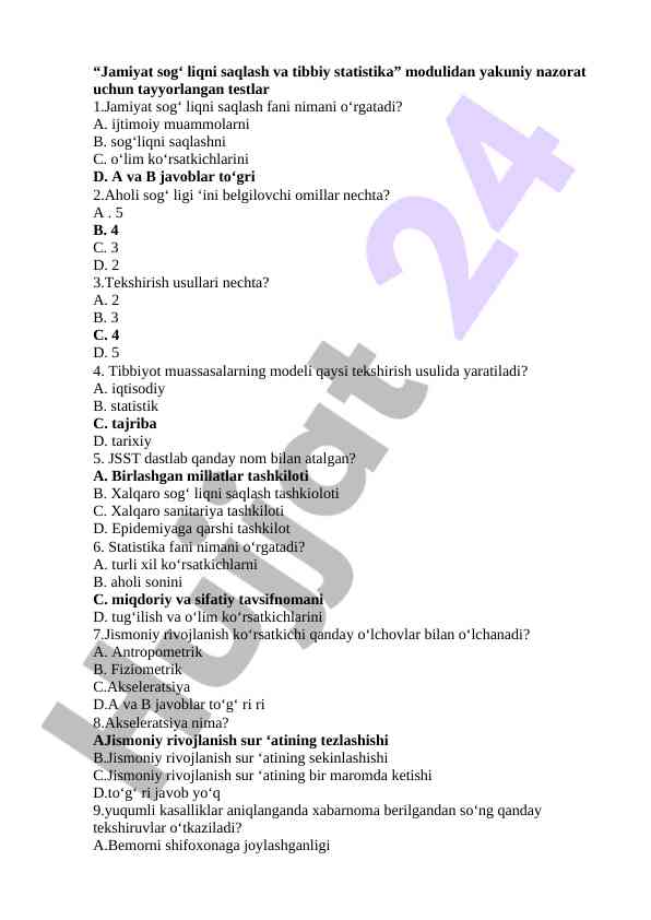 Jamiyat sog‘liqni saqlash va tibbiy statistika testlari