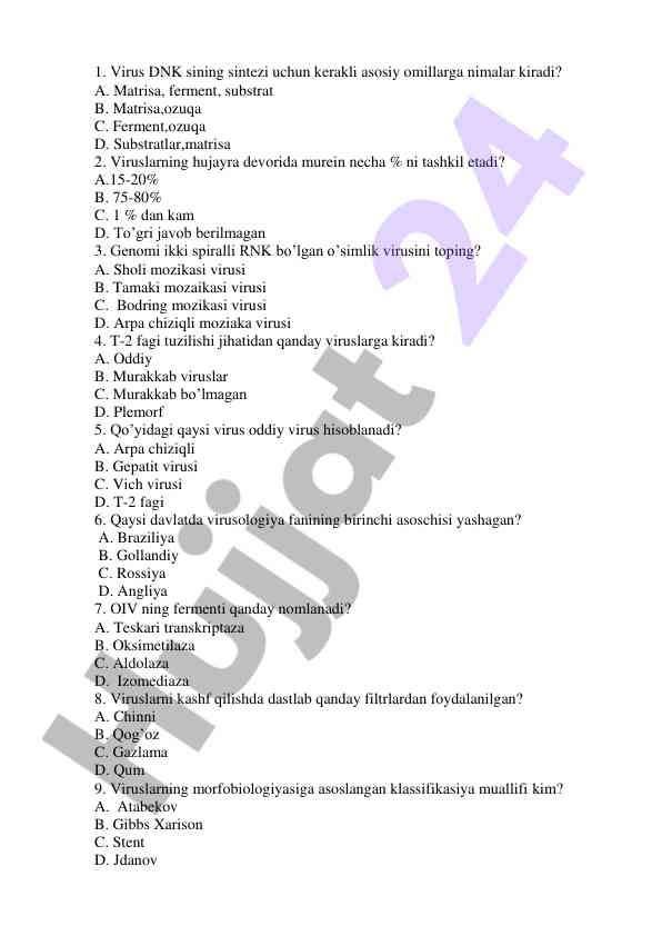 Virusologiya faniga doir test savollari