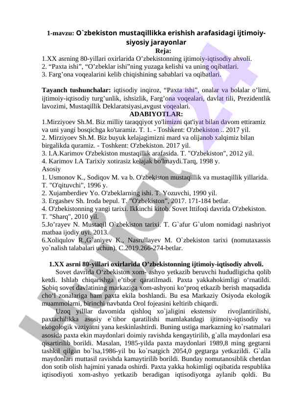 O'zbekiston mustaqillikka erishish ijtimoiy jarayonlar