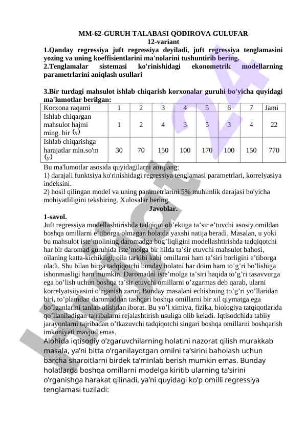 Ekonometrik model regressiya tahlili va parametrlar