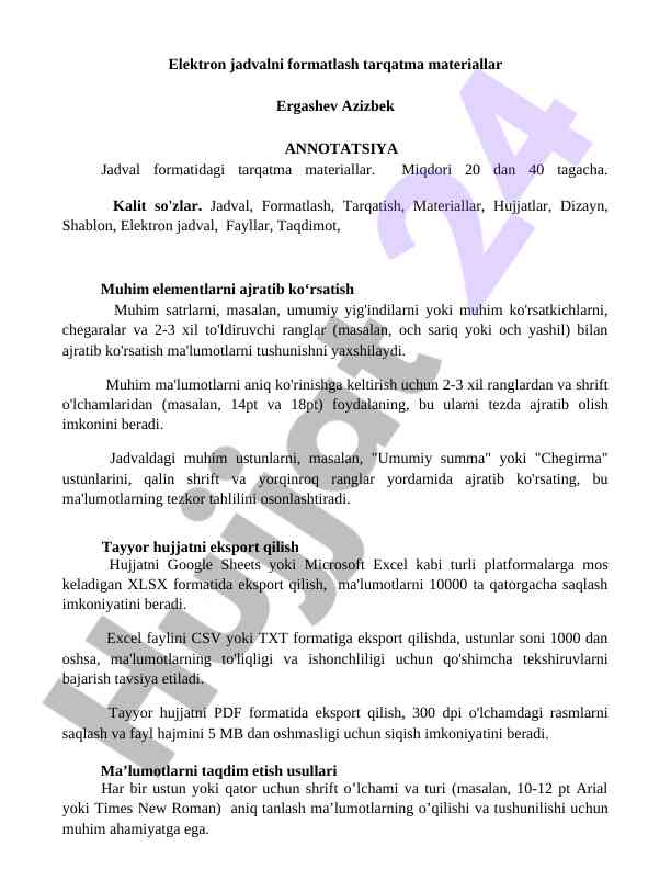 Elektron jadvalni formatlash uslublari va materiallar