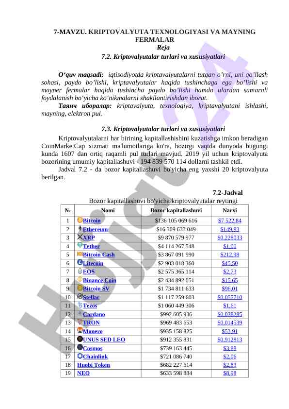 Kriptovalyuta texnologiyalari va mayning fermaning tahlili