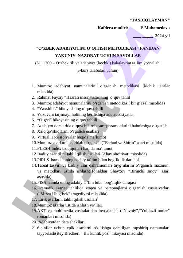 O‘zbek adabiyotini o‘qitish metodikasi savollari