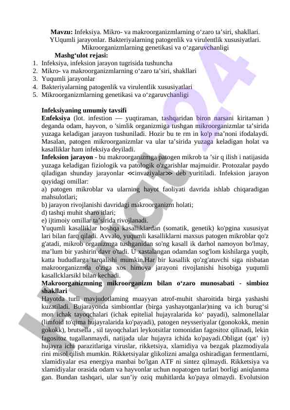Infeksiya mikroorganizmlar va ularning patogenlik ta'siri