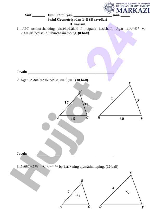Geometriya savollari 9 sinf ii variant