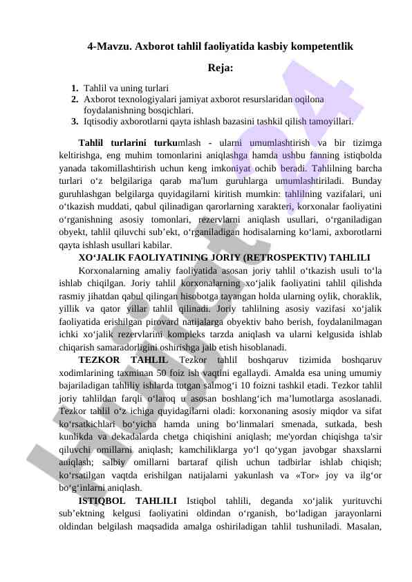 Axborot tahlil faoliyatida kasbiy kompetentlik