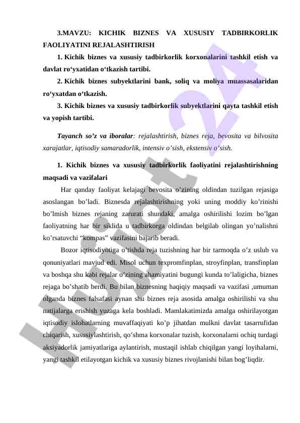 Kichik biznes va xususiy tadbirkorlik faoliyati rejalashtirish
