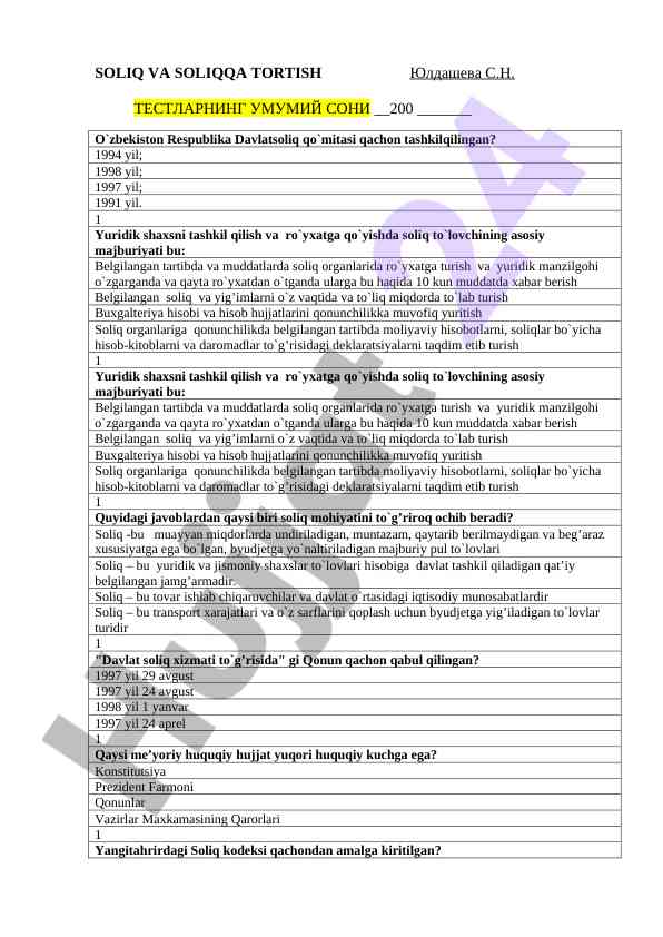 Soliq va soliqqa tortish testlarining umumiy soni