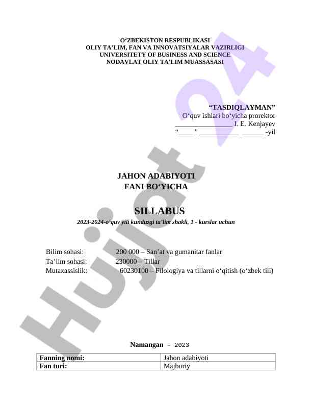 Jahon adabiyoti fani bo‘yicha sillabus 2023-2024