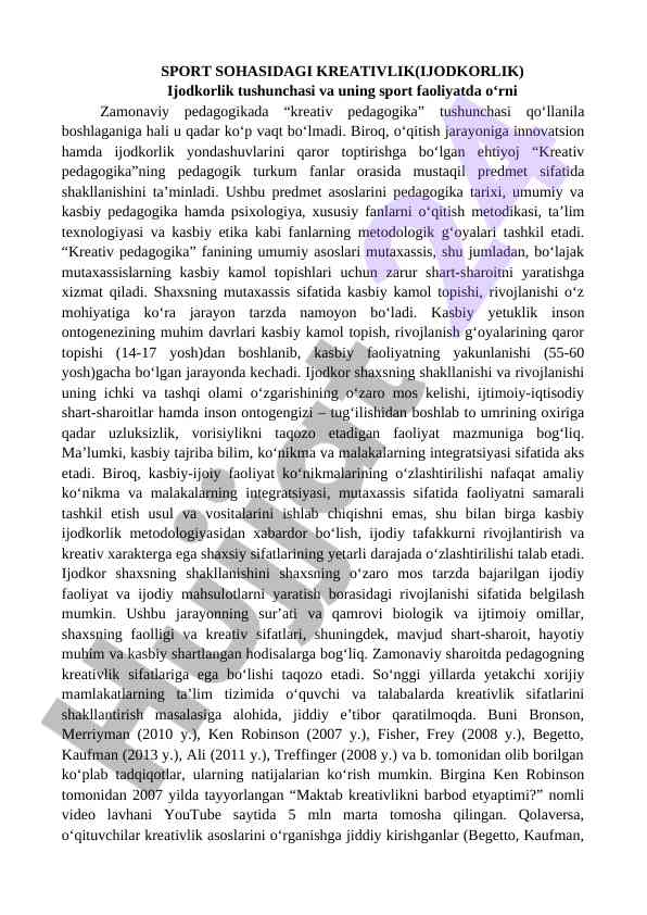 Sport sohasidagi kreativlik va uning o‘rni