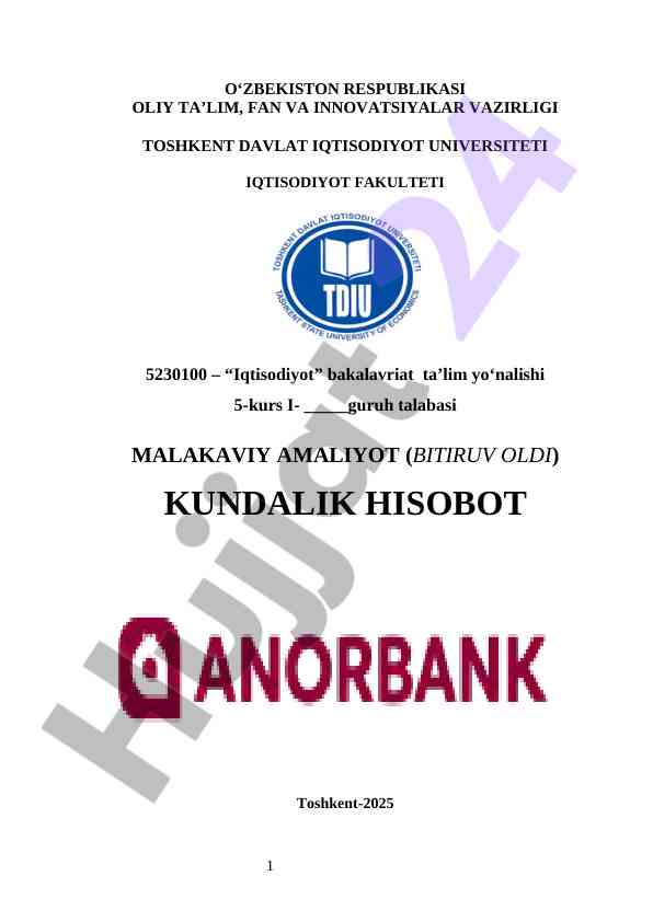 anor bank Malakaviy Amaliyot (Bitiruv Oldi) ANOR BANK AMALIYOT HISOBOT  anor bank hisobot  