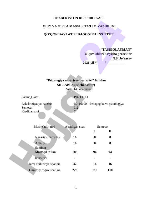 Psixologiya nazariyasi va tarixi ishchi dasturi