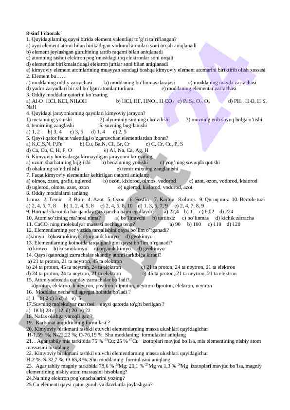 Kimyo elementlari va ularning valentligi testi