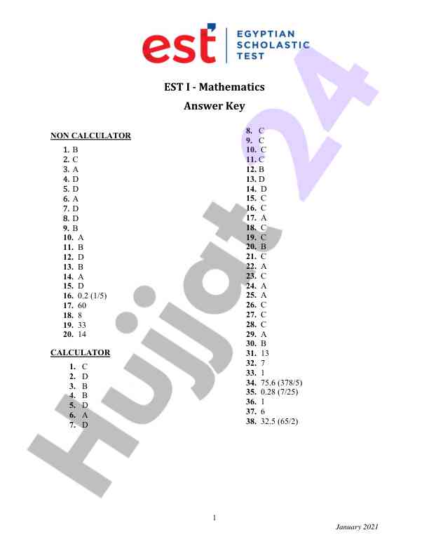 Mathematics answer key for non calculator and calculator