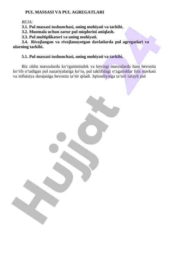 Pul massasi va pul agregatlari tahlili