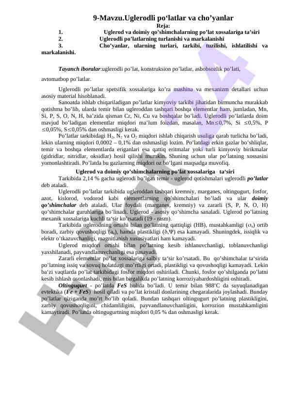 Uglerodli po‘latlar va cho‘yanlar tahlili
