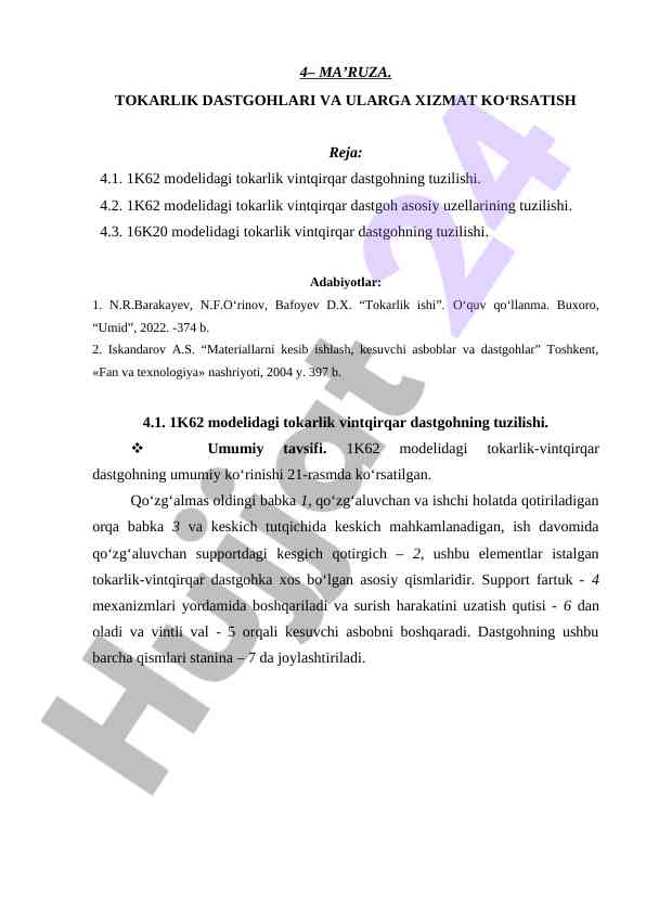 Tokarlik dastgohlari va ularga xizmat ko‘rsatish