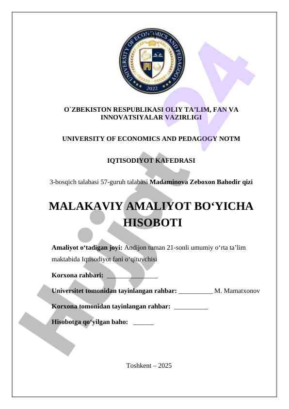 Malakaviy amaliyot hisoboti iqtisodiyot kafedrasida