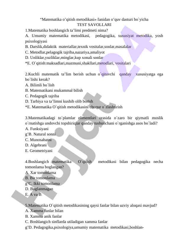 Matematika o‘qitish metodikasi test savollari