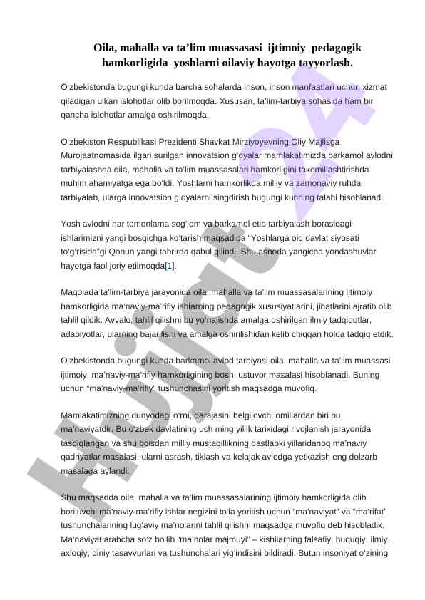 Yoshlarni oila va ta’lim muassasasi hamkorligida tarbiyalash