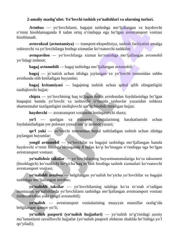Yo'lovchi tashish yo'nalishlari va turlari