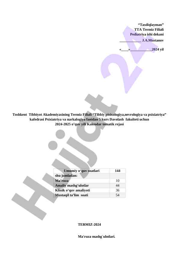 Psixiatriya va narkologiya fanidan tematik reja